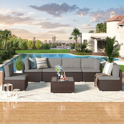 YODOLLA 7 Pc Patio Furniture Set in Beige Cushion& Black PE Rattan Outdoor Sectional Sofa Couch Patio Conversation Set with Table