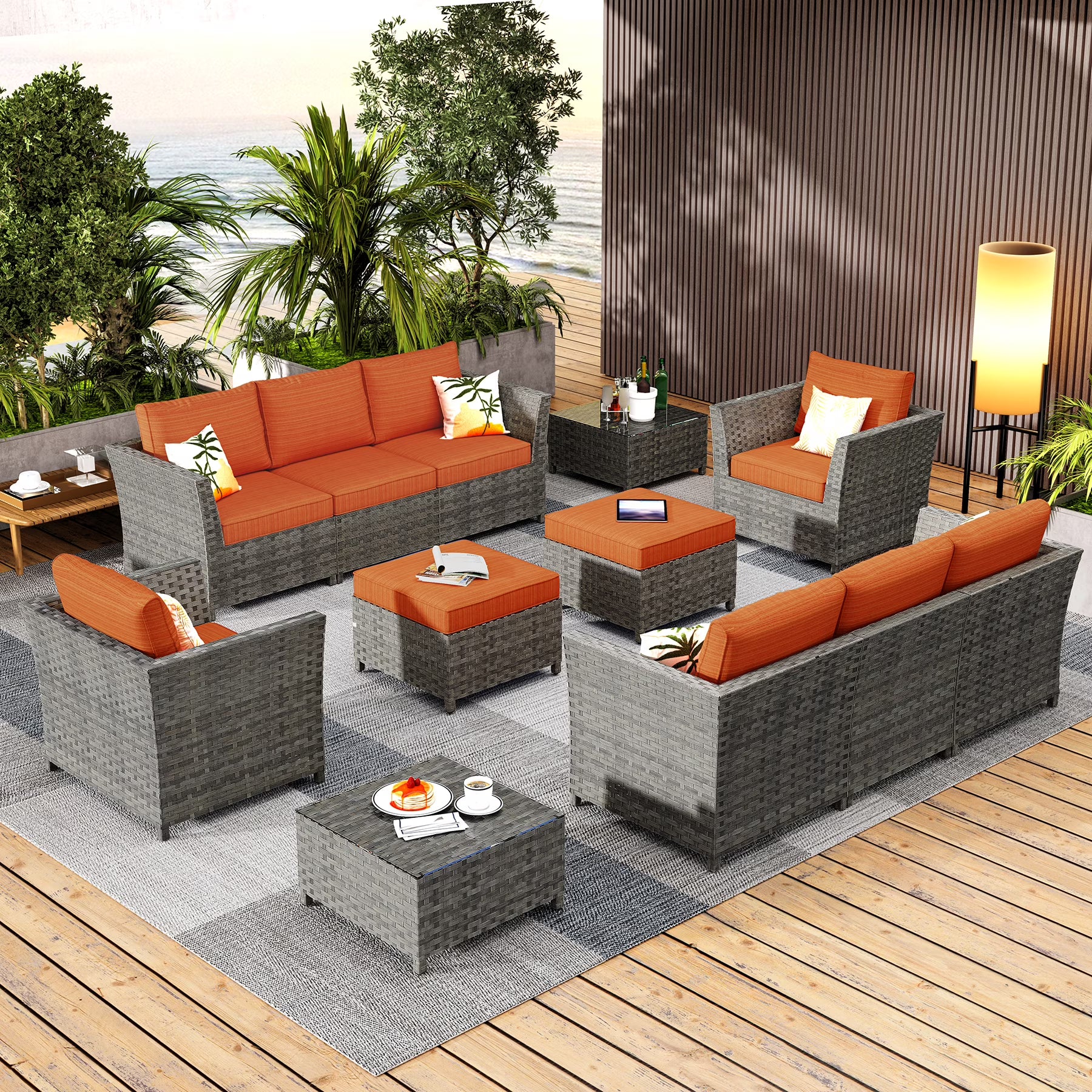 HOOOWOOO Outdoor Patio Furniture Set 12 Pieces Wicker Sectional Conversation Set No Assembly Modular Sofa Chair Set,Black
