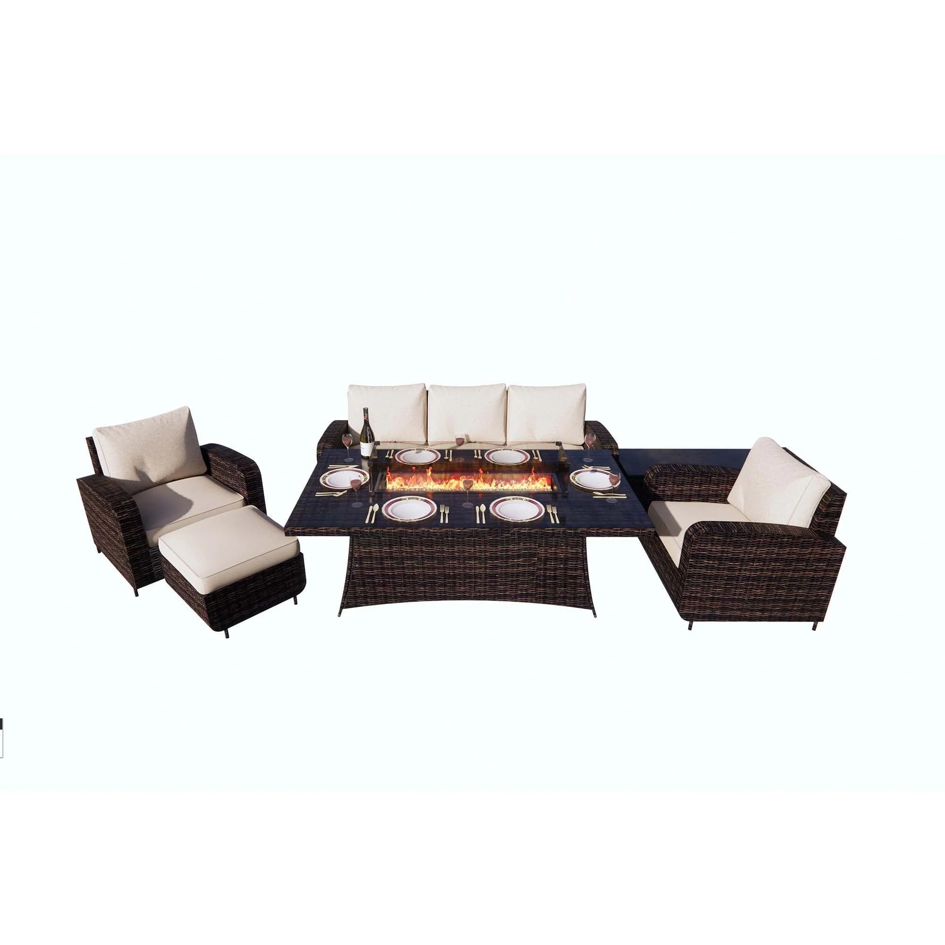 Direct Wicker 6-Piece Outdoor Patio Furniture Set with 72" Gas Propane Fire Pit Table Rattan Sectional Sofa Conversation Sets, Brown