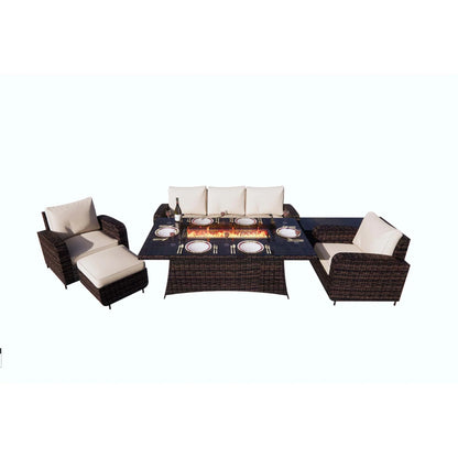 Direct Wicker 6-Piece Outdoor Patio Furniture Set with 72" Gas Propane Fire Pit Table Rattan Sectional Sofa Conversation Sets, Brown