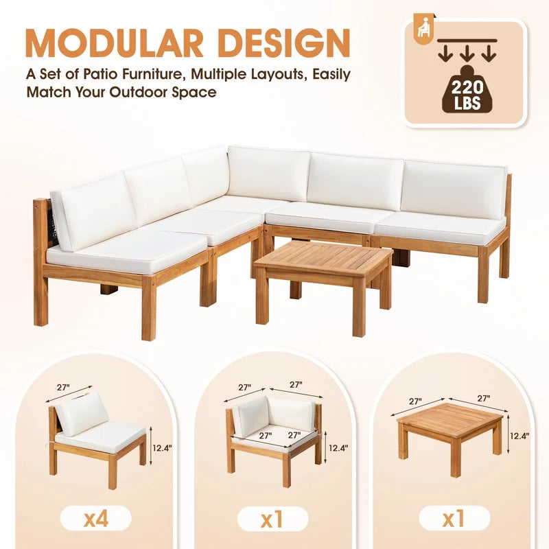 Patio prestige 7 Pieces Acacia Wood Patio Conversation Set Rope Woven Outdoor Sectional Sofa with Table and Cream Cushions
