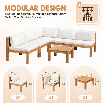 Patio prestige 7 Pieces Acacia Wood Patio Conversation Set Rope Woven Outdoor Sectional Sofa with Table and Cream Cushions