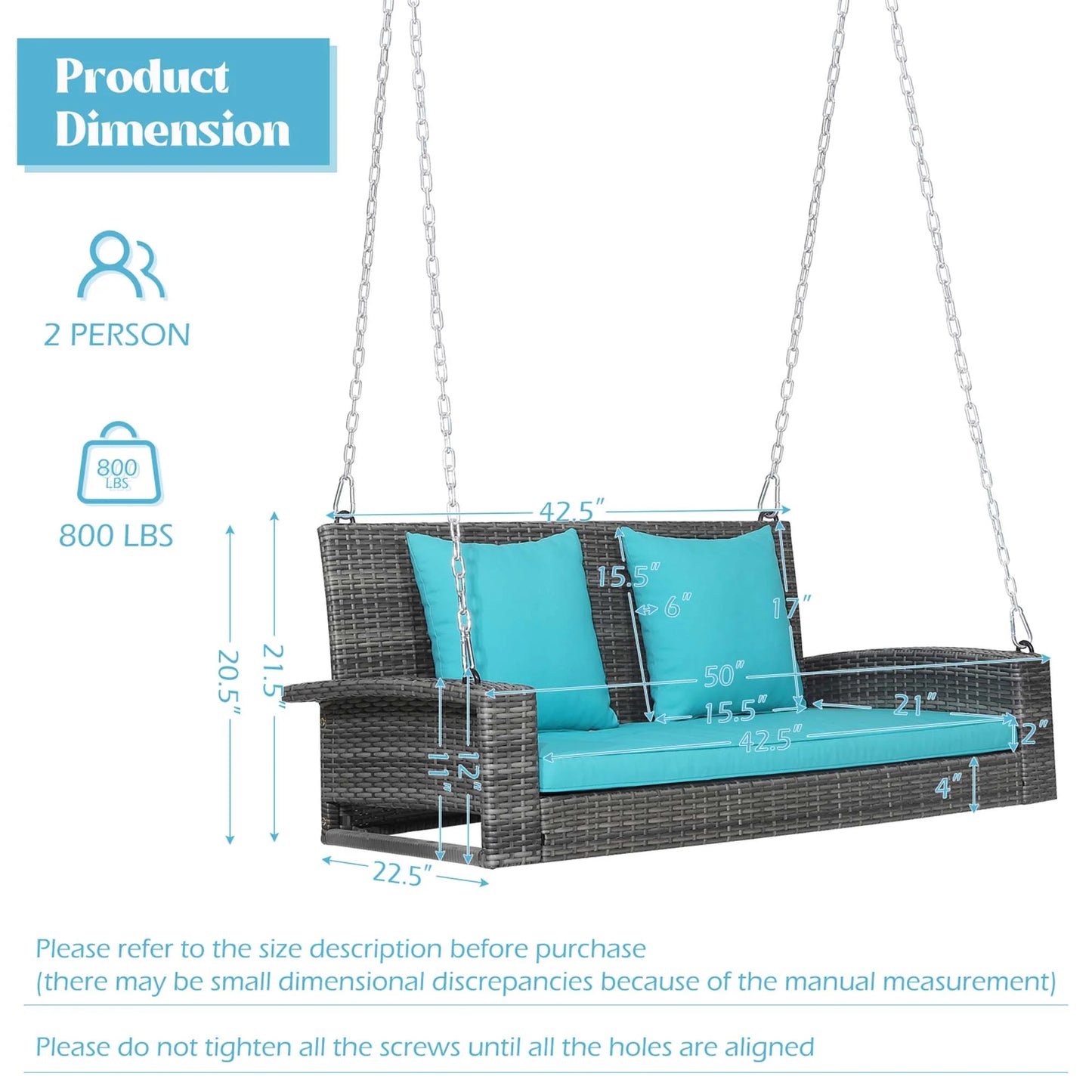 Gymax Fashion 2-Person Patio Hanging Porch Swing Rattan 800LBS Swing Bench w/Turquoise Cushions