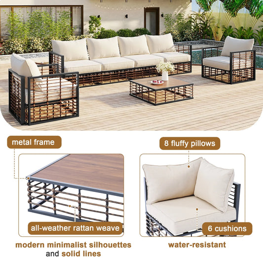 7 Pieces Metal Patio Sectional Furniture Set , Modern Minimalist Rattan Sofa Set with Thick Cushions and Coffee Table, All Weather Outdoor Patio Conversation Sets for Garden, Poolside, Backyard, Gray