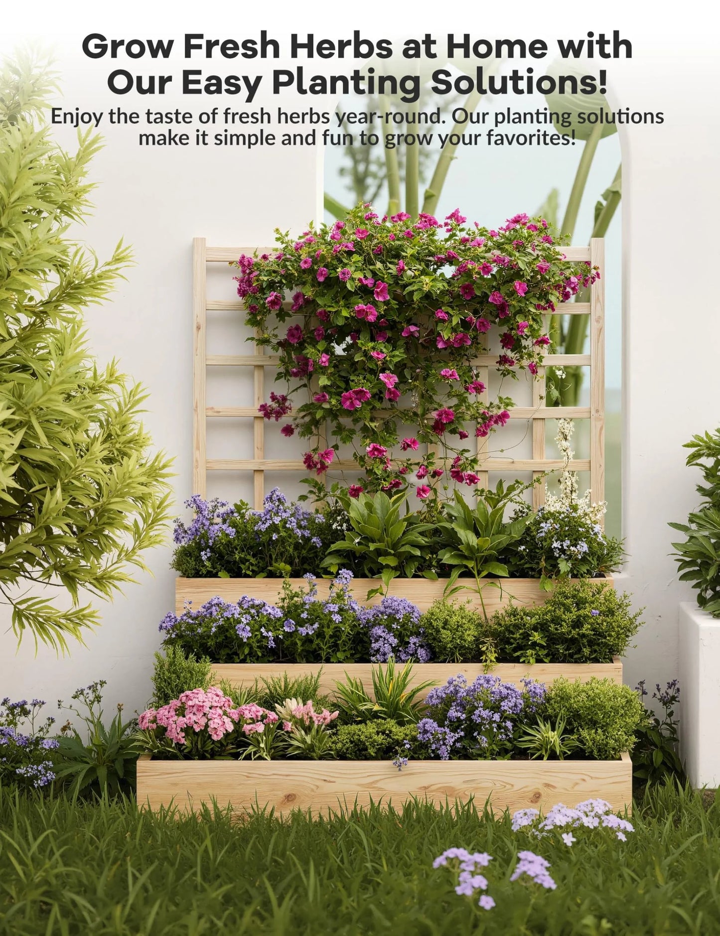 Riedhoff 3-Tier Wooden Raised Garden Bed with Trellis - Vertical Planter Box for Patio,Backyard