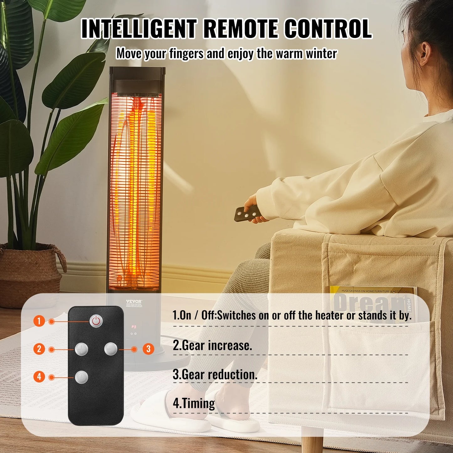 VEVOR Infrared Heater, 1500W Remote Control Electric Space Heater, Patio Heater w/3 Speeds & Timer & Tip-Over Protection, Outdoor/Outdoor for Bedroom,Studio,Porch,Dining Room,Studio, Stand,40in L