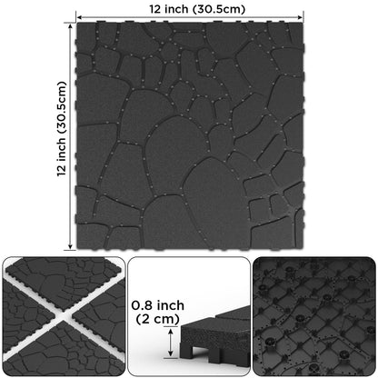 Miniyam 44 Pcs 12"x12" Interlocking Deck Tiles, Rubber Flooring, Patio Decking, Poolside, Dark Gray+Stone Texture