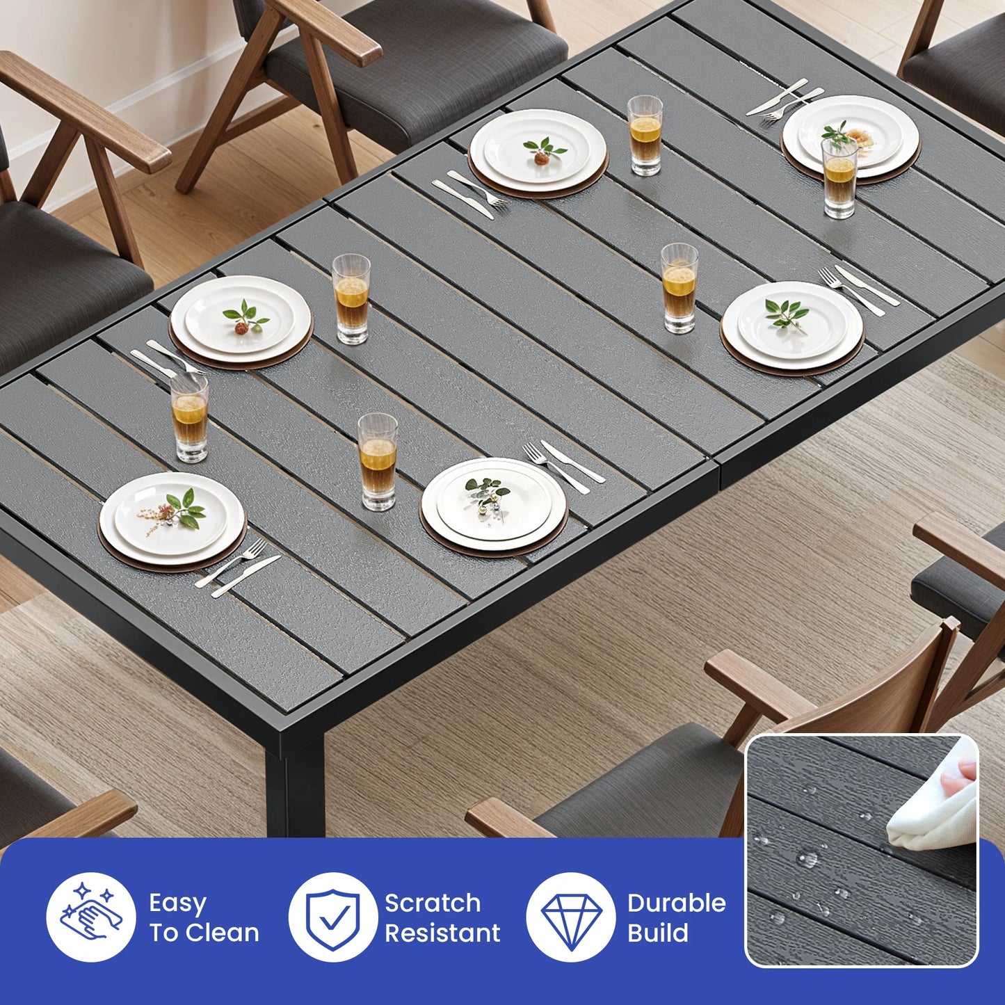 ModFusion 6-Person Aluminum Patio Dining Table with Composite Wood Slat Top, Weather-Resistant Outdoor Table for Garden, Porch & Backyard Black