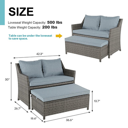 Outdoor Wicker Love Seat and Coffee Table Set, Weather Resistant Grey Rattan, Patio Furniture with Gray Cushions & Storage Bin