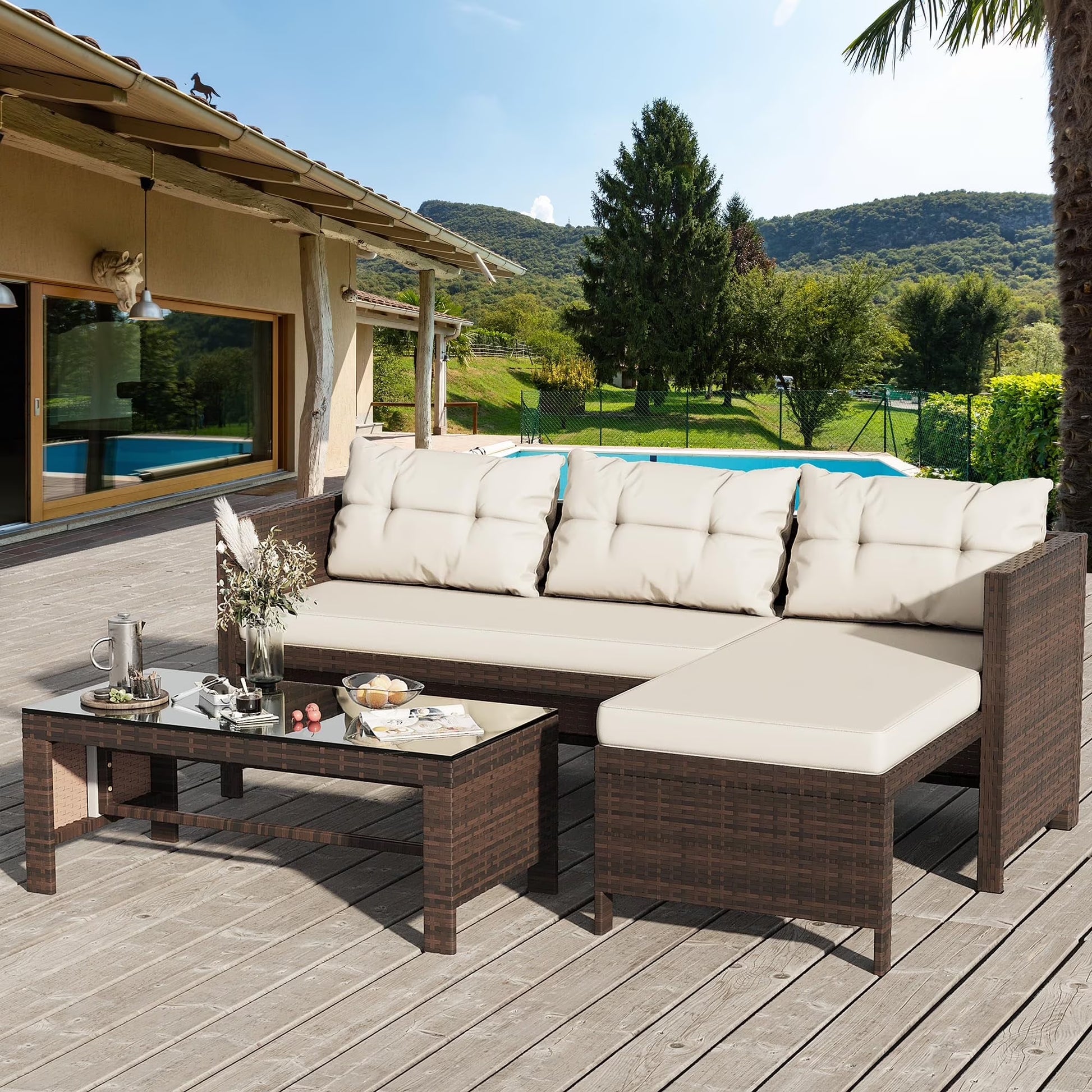 Tappio 4-Seat Patio Furniture Sets All Weather Outdoor Sectional Patio Sofa Manual Weaving Wicker Rattan Patio Seating Sofas with Cushion