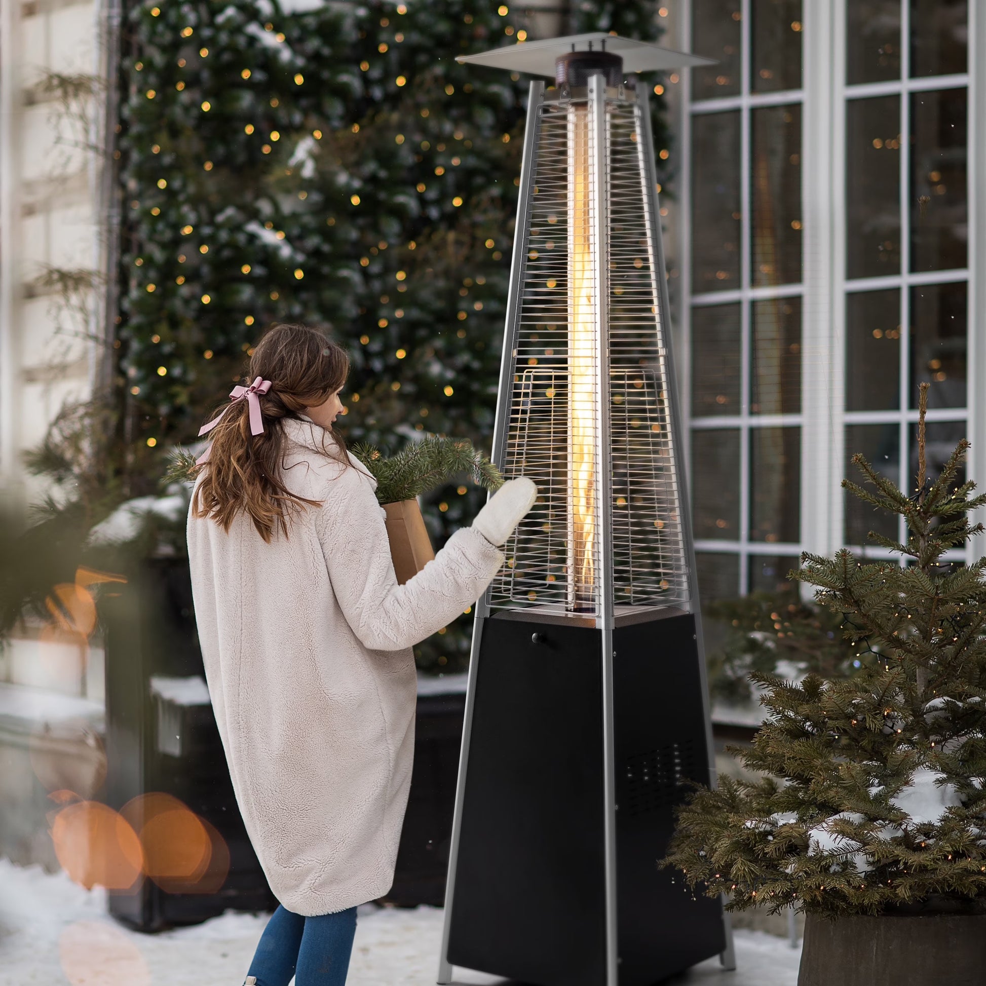 Nuu Garden Pyramid Patio Heater with Wheels, 48,000 BTU Outdoor Heaters for Outside Use, Quartz Glass Tube Propane Heater, Black