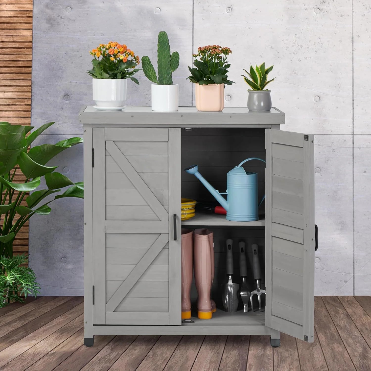 DEXS Potting Bench with Storage Cabinet and Metal Top, Wood Workstation for Outdoor Patio, Garden (31x17x36?)Coffee Brown
