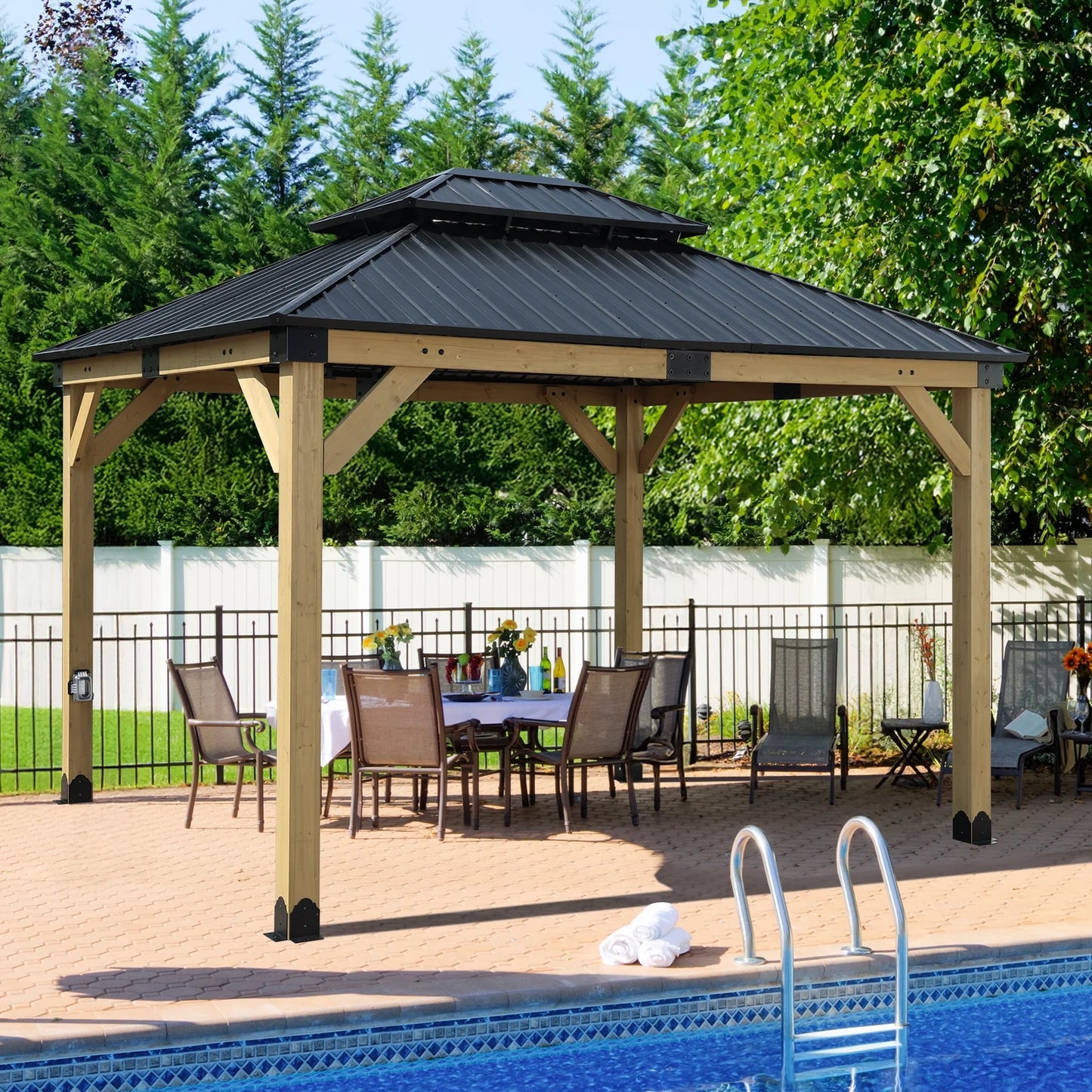 Aoodor 10 x 12 ft Wooden Frame Gazebo with 2-Tier Galvanized Metal Hardtop Roof, Outdoor Patio Gazebo with Charging Socket for Patio, Backyard, Deck, and Lawn