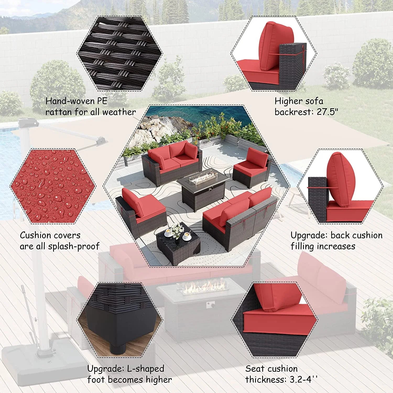 Gotland Outdoor Patio Sectional Furniture Set with 43" Propane Table 8Pcs Red Sponge Rattan Wicker