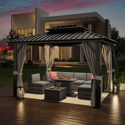 Aoxun 10'x12' Hardtop Gazebo, Outdoor Steel Double Roof Canopy, Aluminum Frame Permanent Pavilion with Curtains and Netting, Sunshade for Garden, Patio, Lawns, Black