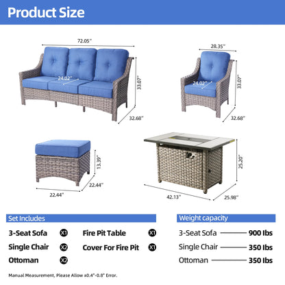 Vcatnet 6 Pieces Outdoor Patio Furniture All Weather Wicker High-Back Conversation Set with Fire Pit Table and Ottoman,Diamond Blue