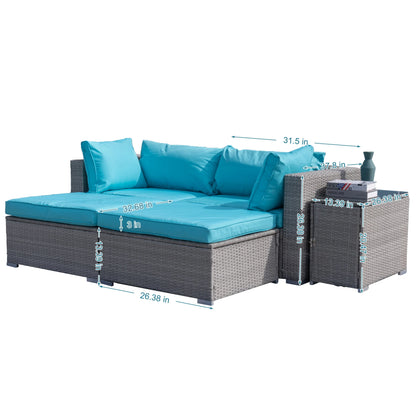 5 Pieces Outdoor Rattan Patio Sofa Set with Blue Cushions
