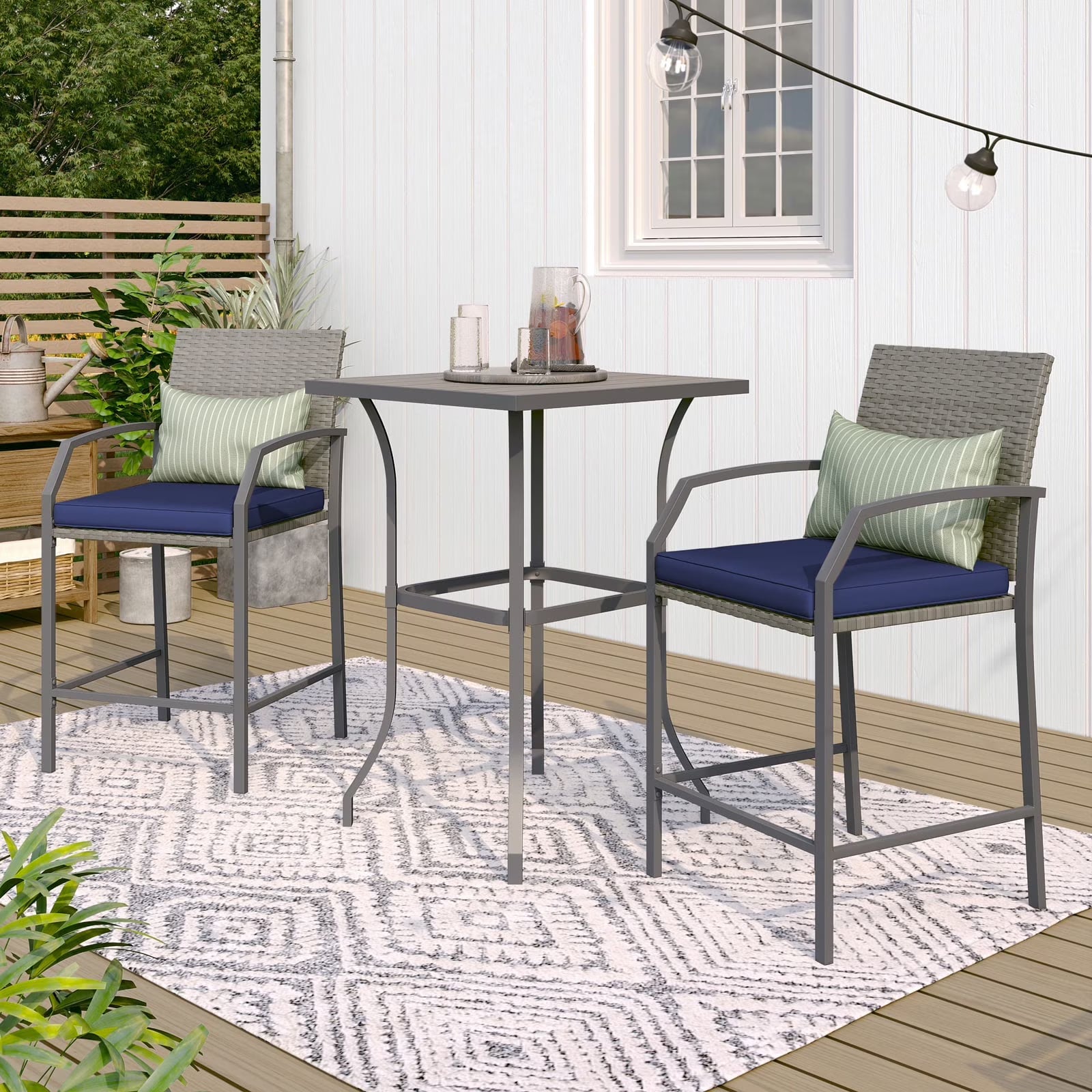OC Orange-Casual Patio Bar Set, All-Weather Wicker, 2 Height Rattan Bar Stools with Wood Grain Top Coffee Table, for Porch, Garden, Bistro, Grey Cushion, 3-Piece