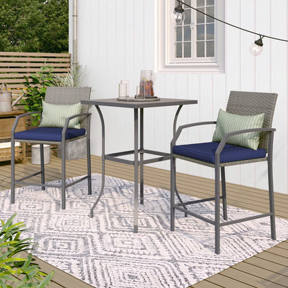 OC Orange-Casual Patio Bar Set, All-Weather Wicker, 2 Height Rattan Bar Stools with Wood Grain Top Coffee Table, for Porch, Garden, Bistro, Grey Cushion, 3-Piece