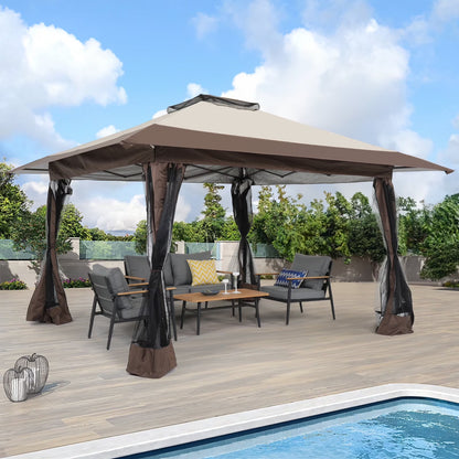 JOIVI 13'x13?Patio Gazebo, Outdoor Pop up Gazebo, Canopy Gazebo Tent Shelter with Mosquito Netting, Beige & Brown