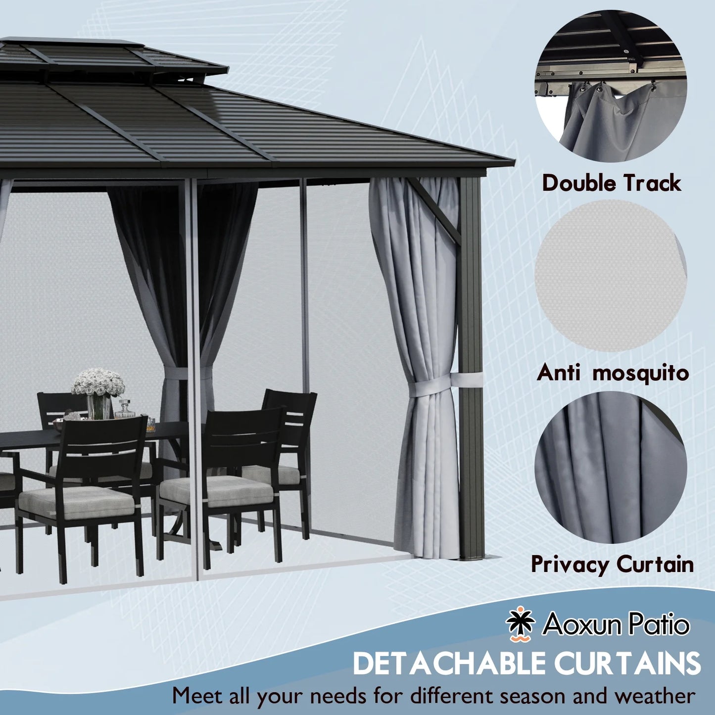 AOXUN 12'x16?Outdoor Hardtop Gazebo, Galvanized Double Roof Aluminum Pavilion with Netting and Curtains for Garden, Patio, Lawns, Gray