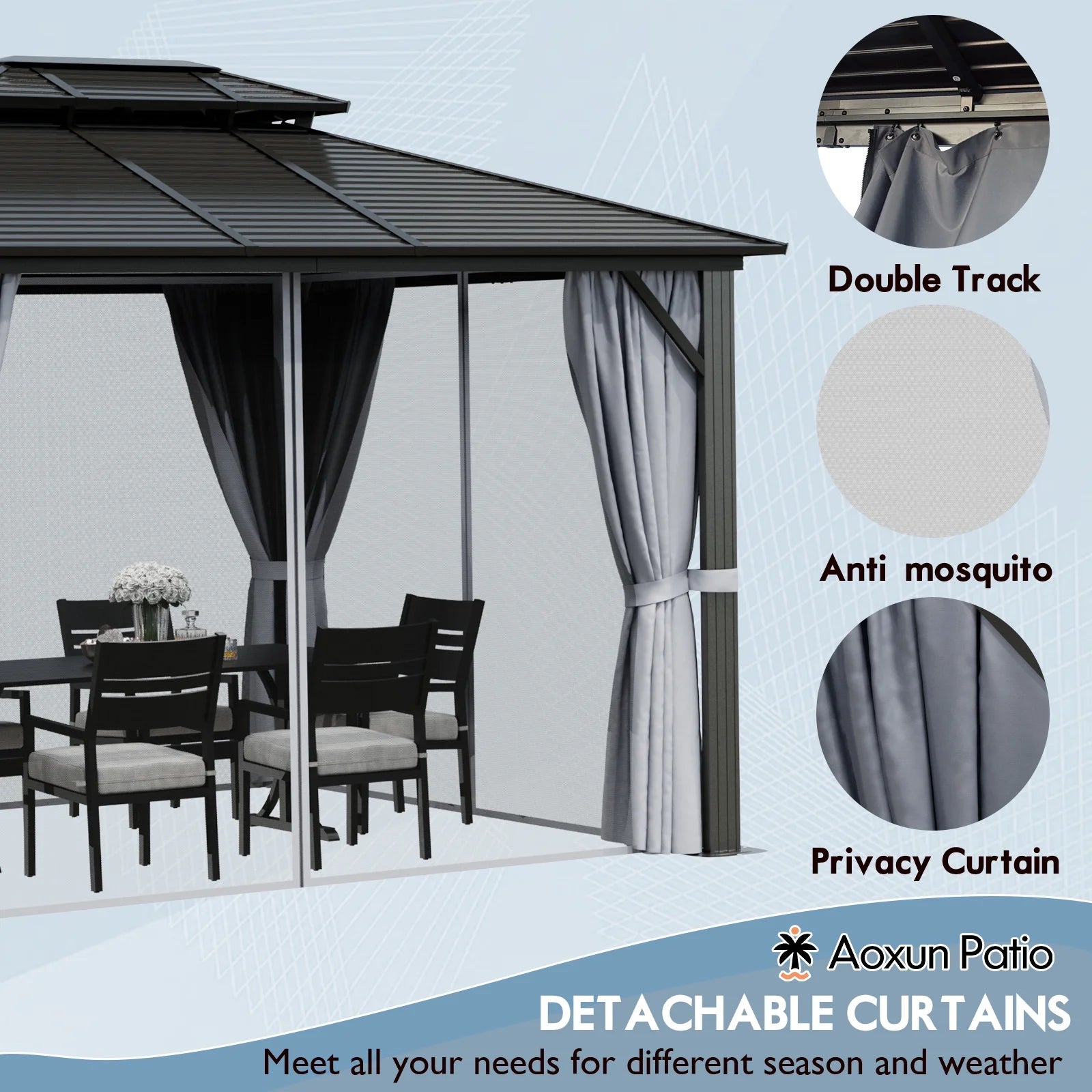 AOXUN 12'x16?Outdoor Hardtop Gazebo, Galvanized Double Roof Aluminum Pavilion with Netting and Curtains for Garden, Patio, Lawns, Gray