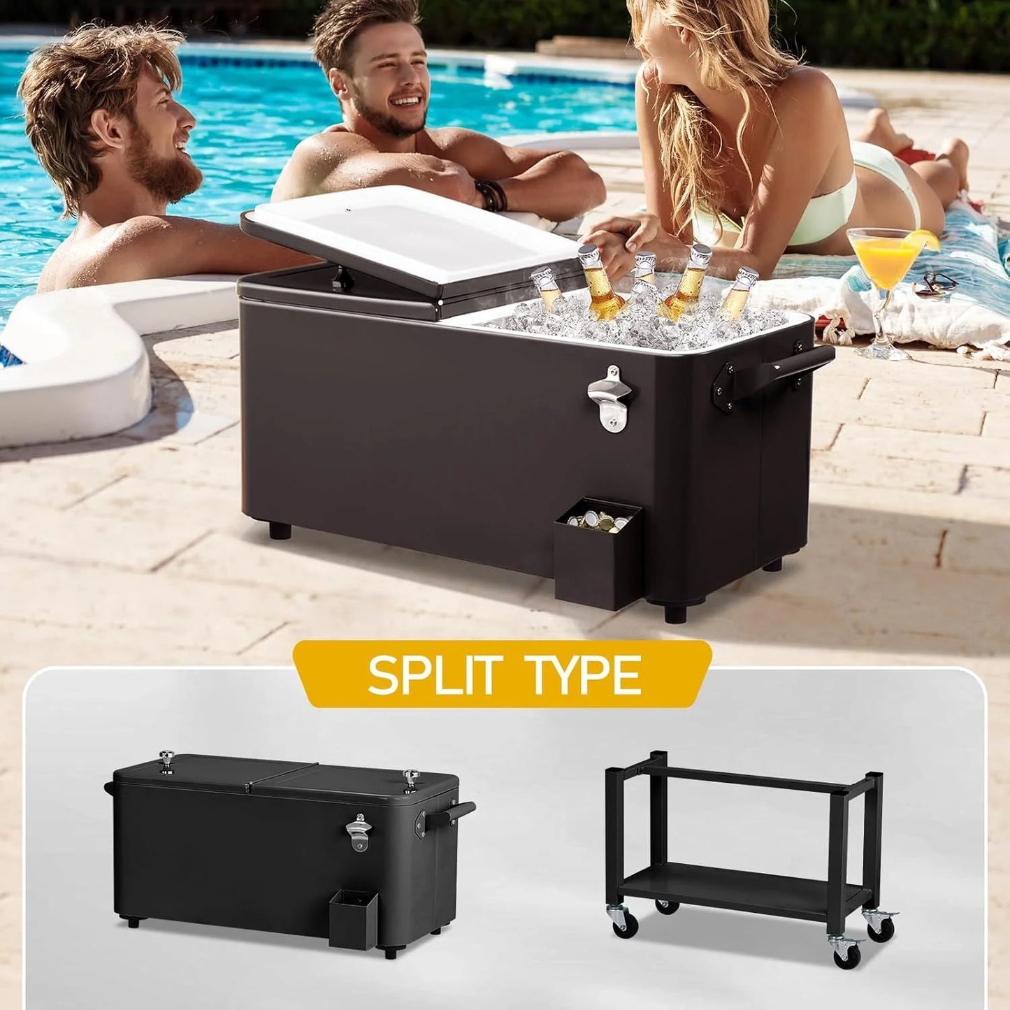 Large 80 Quart Portable Rolling Cooler with Lockable Lid, Features Catch Basin, Utility Tray, and Bottle Opener for Patio, Parties, Boating, and Vacation