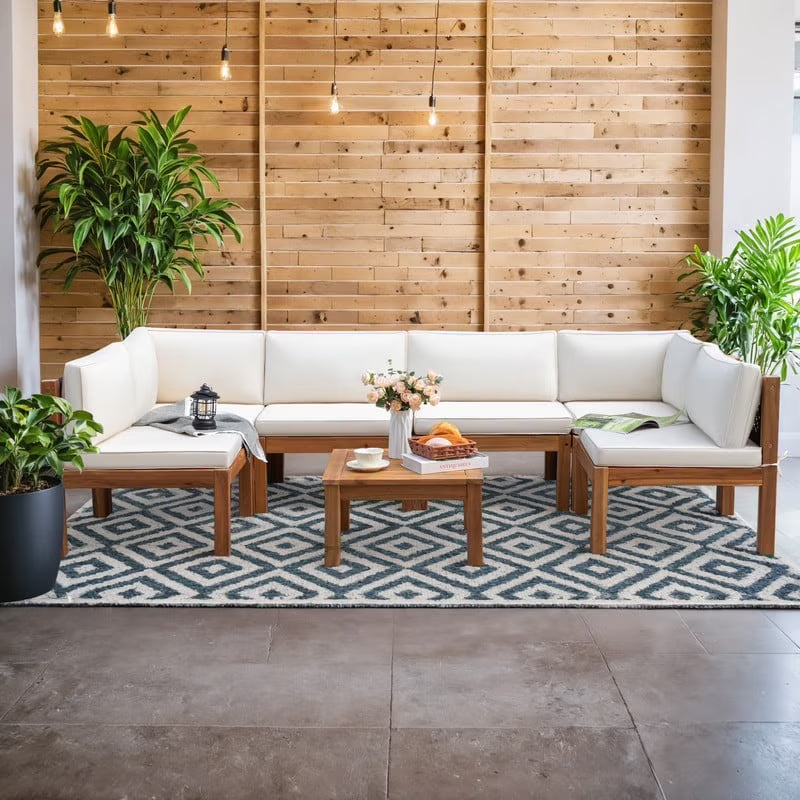 Patio prestige 7 Pieces Acacia Wood Patio Conversation Set Rope Woven Outdoor Sectional Sofa with Table and Cream Cushions