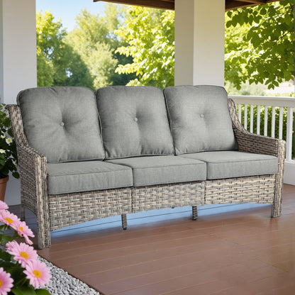 Ovios Outdoor Patio Sofa 3-Seater with Cushions All-Weather Wicker Rattan Couch for Garden, Porch, or Backyard