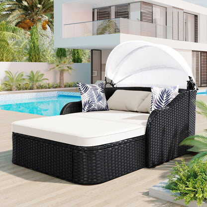 Harper & Bright Designs Rattan Outdoor Double Lounge Chaise 2-Person PE Wicker Outdoor Patio Sunbed with Canopy Cover for Backyard Garden Balcony, Beige+Black