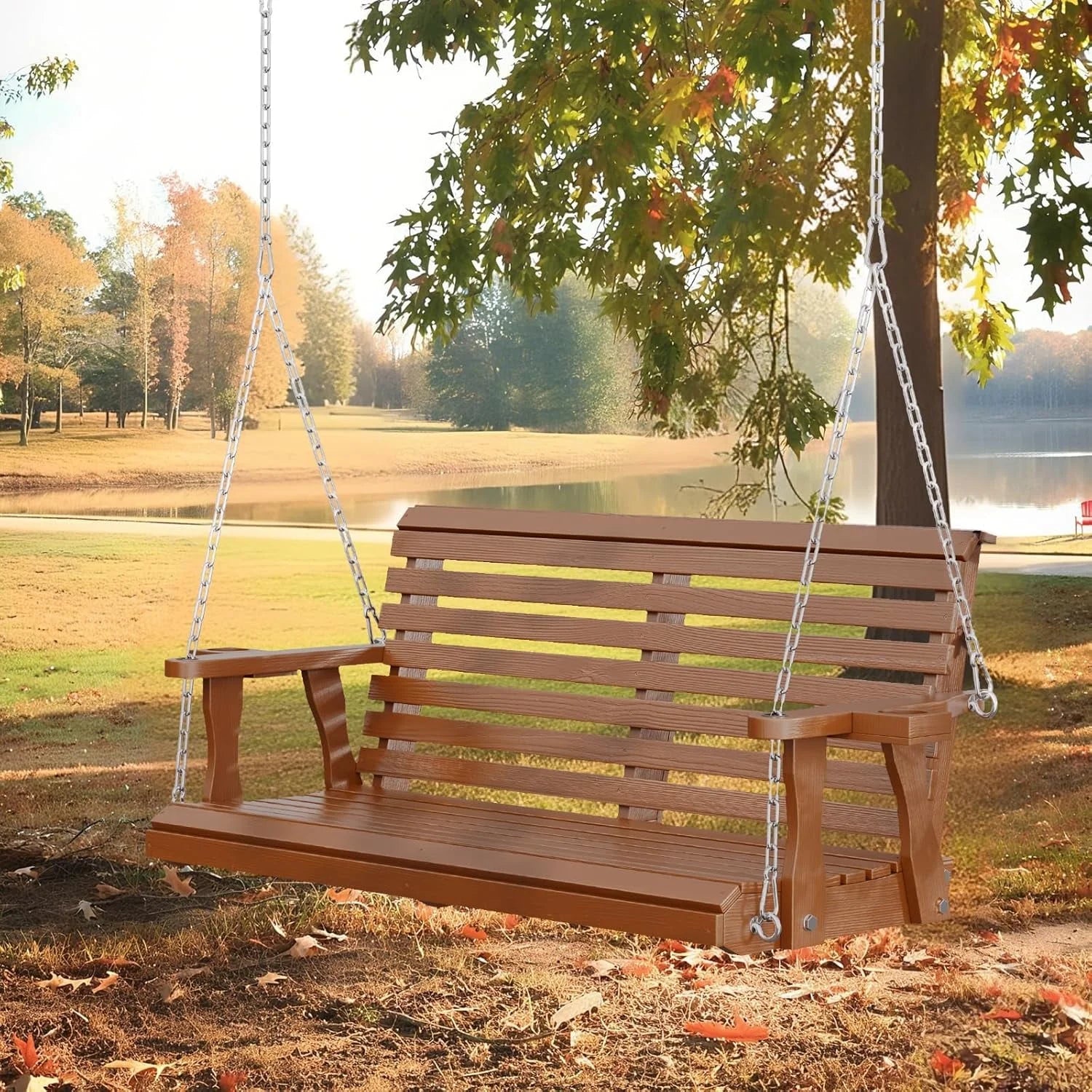 SOLAURA 2 Seat Outdoor Wooden Porch Swing with Cup Holders, Hanging Patio Swing with Hanging Chains, Swing Bench Chair for Backyard Garden Balcony, 440lbs Weight Capacity, Brown