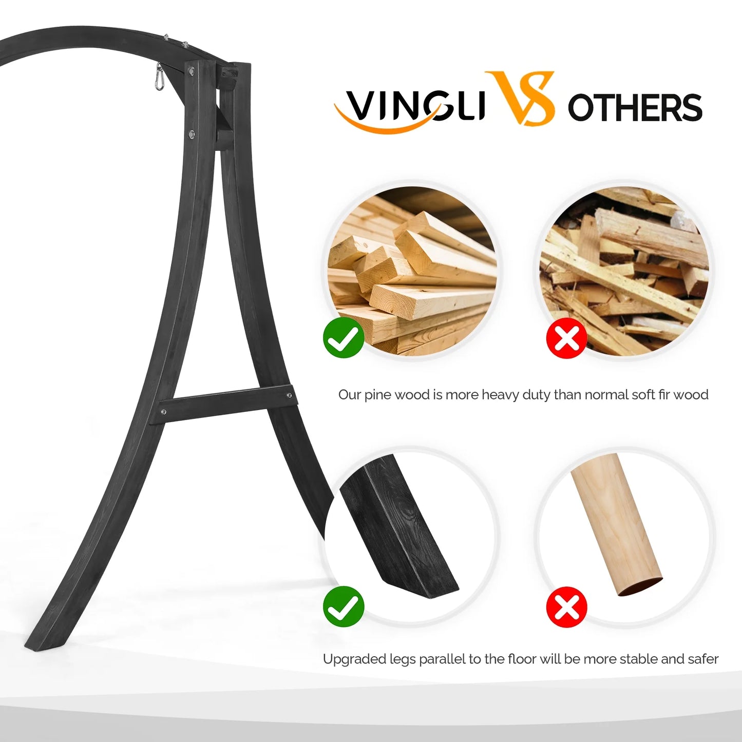 VINGLI 1000 lbs Patio Wooden Porch Swing Stand for 5 ft Swings, Black