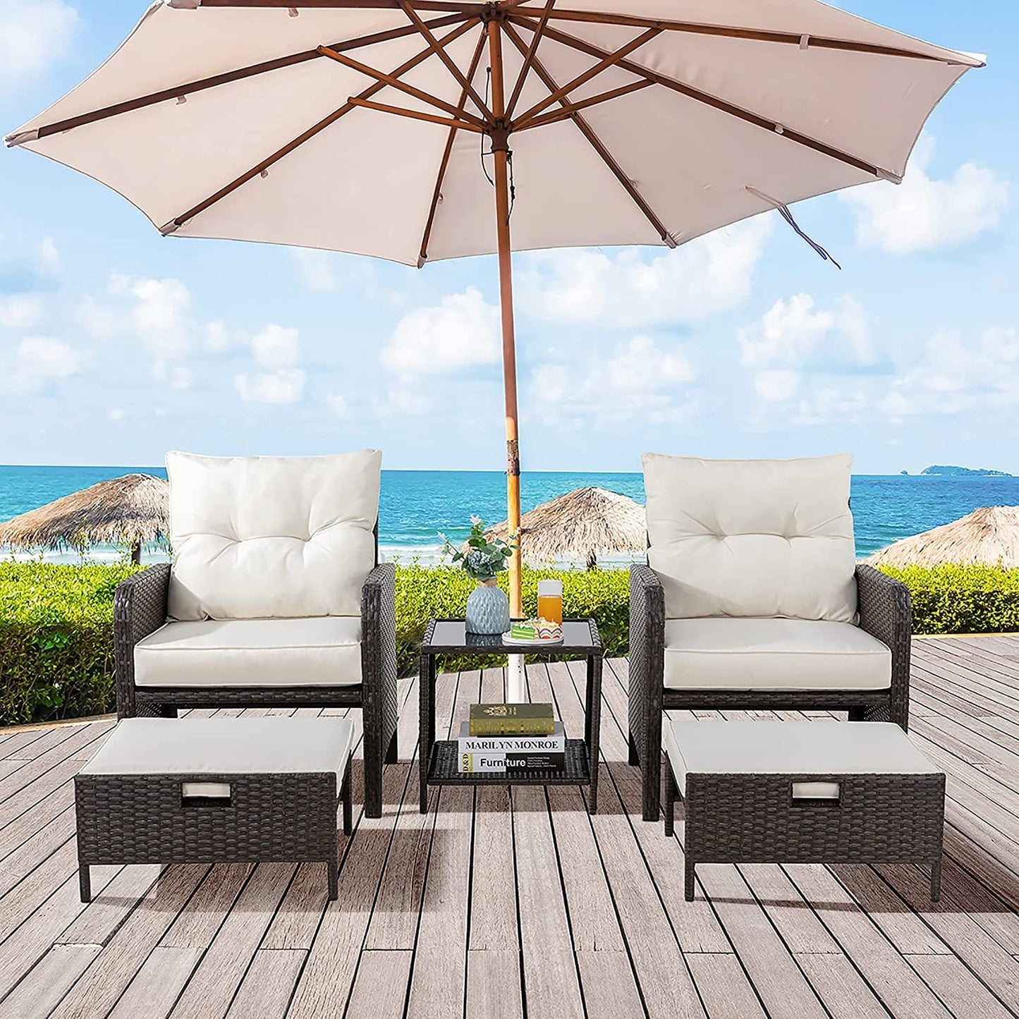 Sobaniilo 5 Piece Patio Furniture Set, Outdoor PE Wicker Chairs for Two with Ottoman Underneath(Beige)