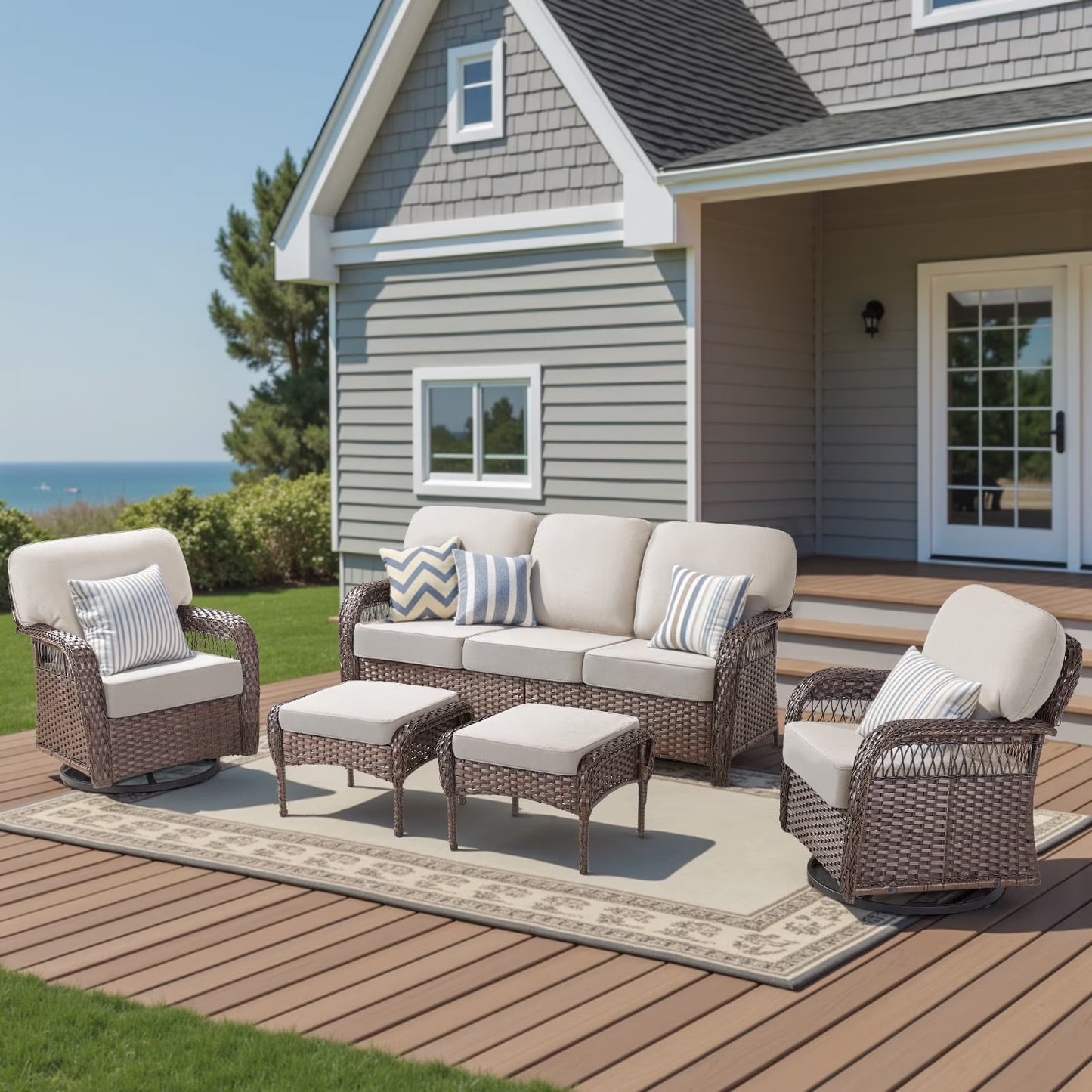 Planntonneo 5 Pieces Wicker Patio Furniture Set Deals, Outdoor Couch Set with Swivel Rocking Chairs and Ottomans for Porch Backyard Garden