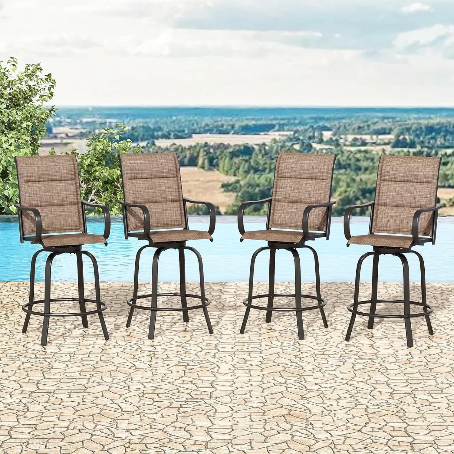 Farini Outdoor Bar Stools Set of 2, 360° Swivel Patio Barstools with Textile Fabric,Ergonomic Comfort Bar Height Tall Outdoor Stools for Balcony,Brown