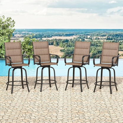 Farini Outdoor Bar Stools Set of 2, 360° Swivel Patio Barstools with Textile Fabric,Ergonomic Comfort Bar Height Tall Outdoor Stools for Balcony,Brown
