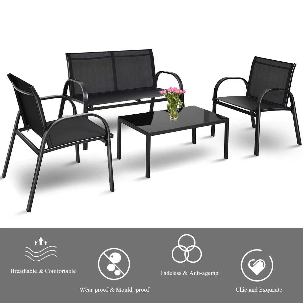 Costway 4 PCS Patio Furniture Set Sofa Coffee Table Patio Seating Set Garden Deck Black
