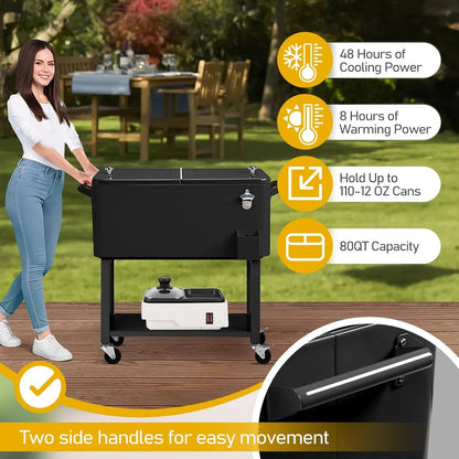 ​Large 80 Quart Portable Rolling Cooler with Lockable Lid, Features Catch Basin, Utility Tray, and Bottle Opener for Patio, Parties, Boating, and Vacation​