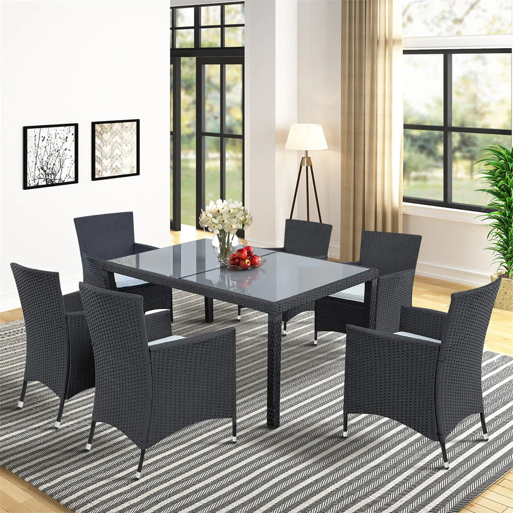 7 Piece Outdoor Wicker Sectional Dining Set, Outdoor Furniture Set with Stackable Armrest Chairs & Beige Cushions, Patio Dining Set for 6, Black Rattan