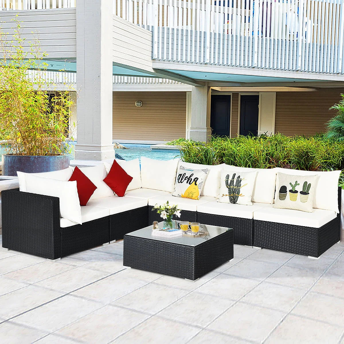 Gymax 7PCS Rattan Patio Conversation Sectional Furniture Set w/Cushion Pillow