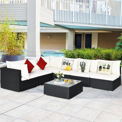 Gymax 7PCS Rattan Patio Conversation Sectional Furniture Set w/Cushion Pillow