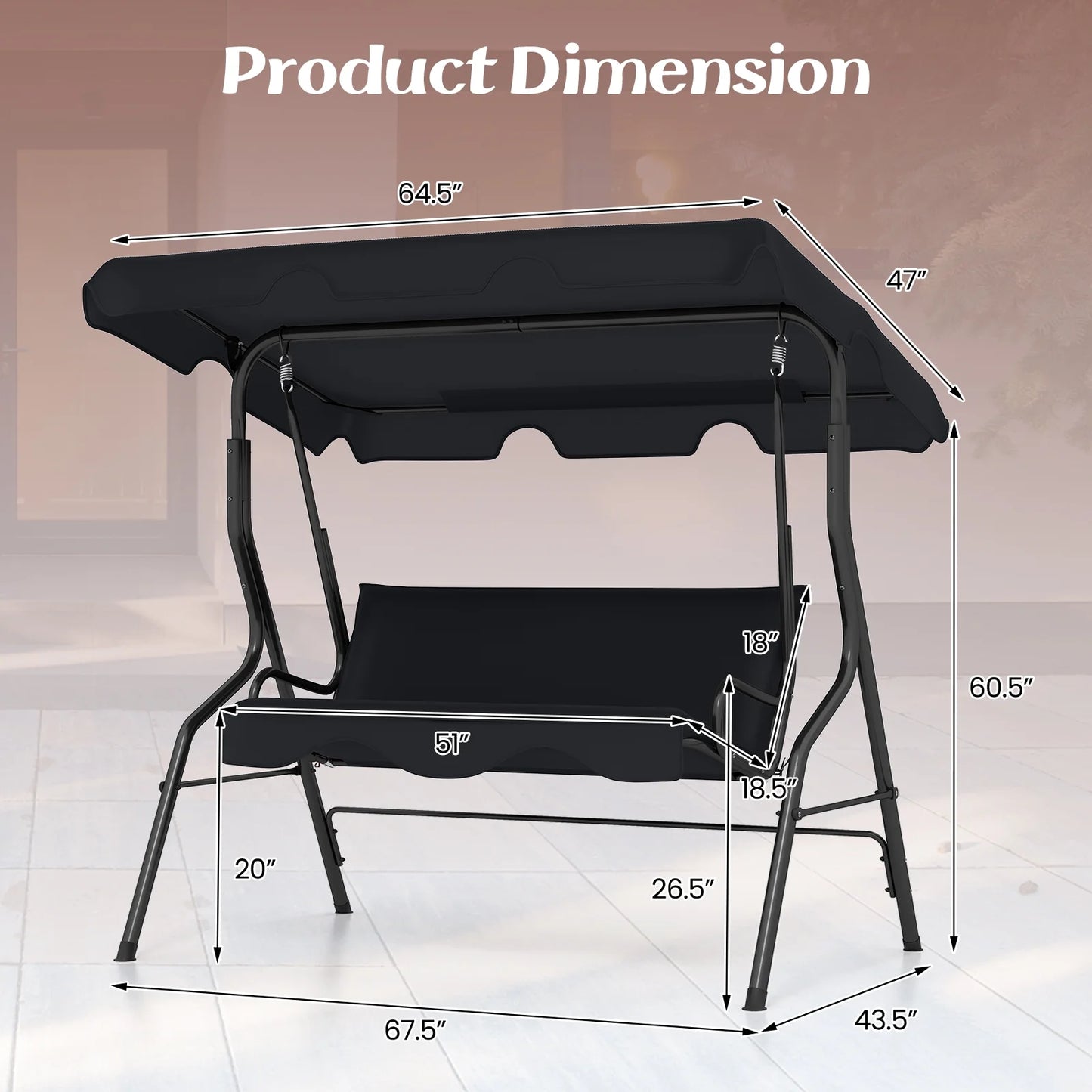 Costway Patio 3 Seats Canopy Porch Swing Glider Hammock Cushioned Steel Frame Outdoor Black