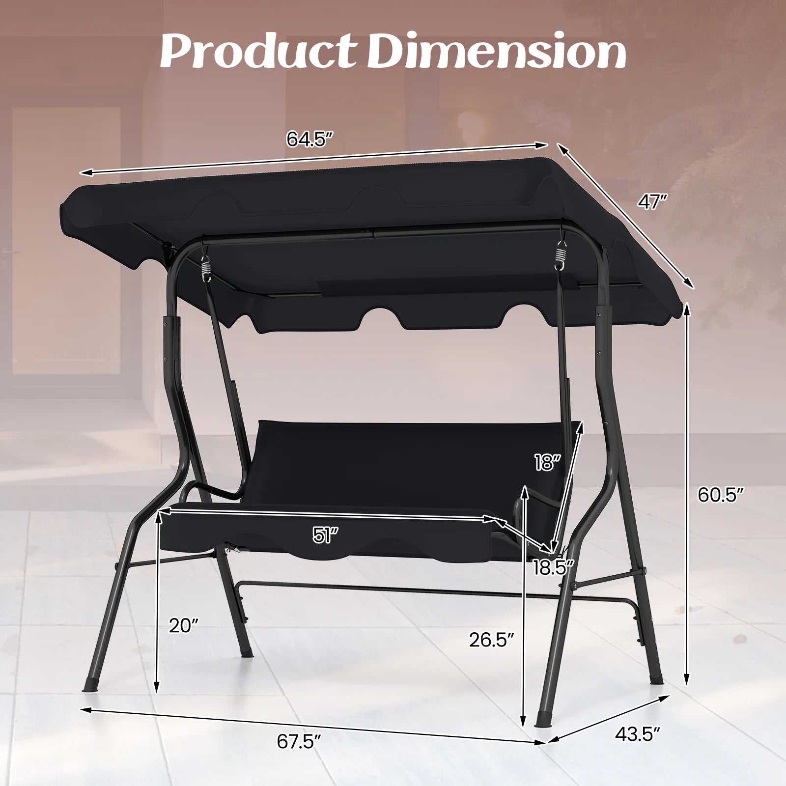 Costway Patio 3 Seats Canopy Porch Swing Glider Hammock Cushioned Steel Frame Outdoor Black