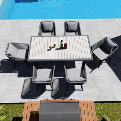 7-Piece Patio Dining Set for 6 - Wicker All Weather Outdoor Furniture with Cushions & Pillows, Grey, Modern Outdoor Table & Chairs Set