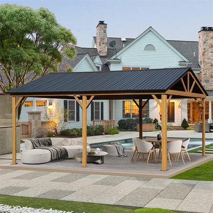 Mondawe 12x20ft Hardtop Gazebo, Galvanized Steel Gable Roof Gazebo Pergola with Wood Grain Aluminum Frame, Outdoor Permanent Gazebo Pavilion for Patio, Garden (Yellow Brown)