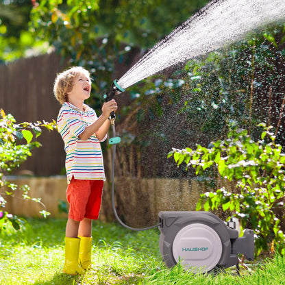 HAUSHOF 1/2" x 100 ft Retractable Garden Hose Reel with Automatic Rewind, 10-Pattern Spray Nozzle, Durable High-Pressure Hose, and 180° Swivel Bracket - Perfect for Watering Gardens, Cleaning Patios
