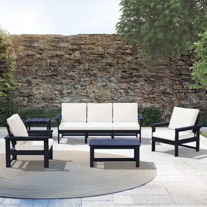 JUSTLET HDPE Patio Sofa Set, All Weather Outdoor Patio Furniture Set, 3-Seater Couch,2 Armchair,1 Side Table,1 Coffee Table, Navy Frame with Khaki Cushion