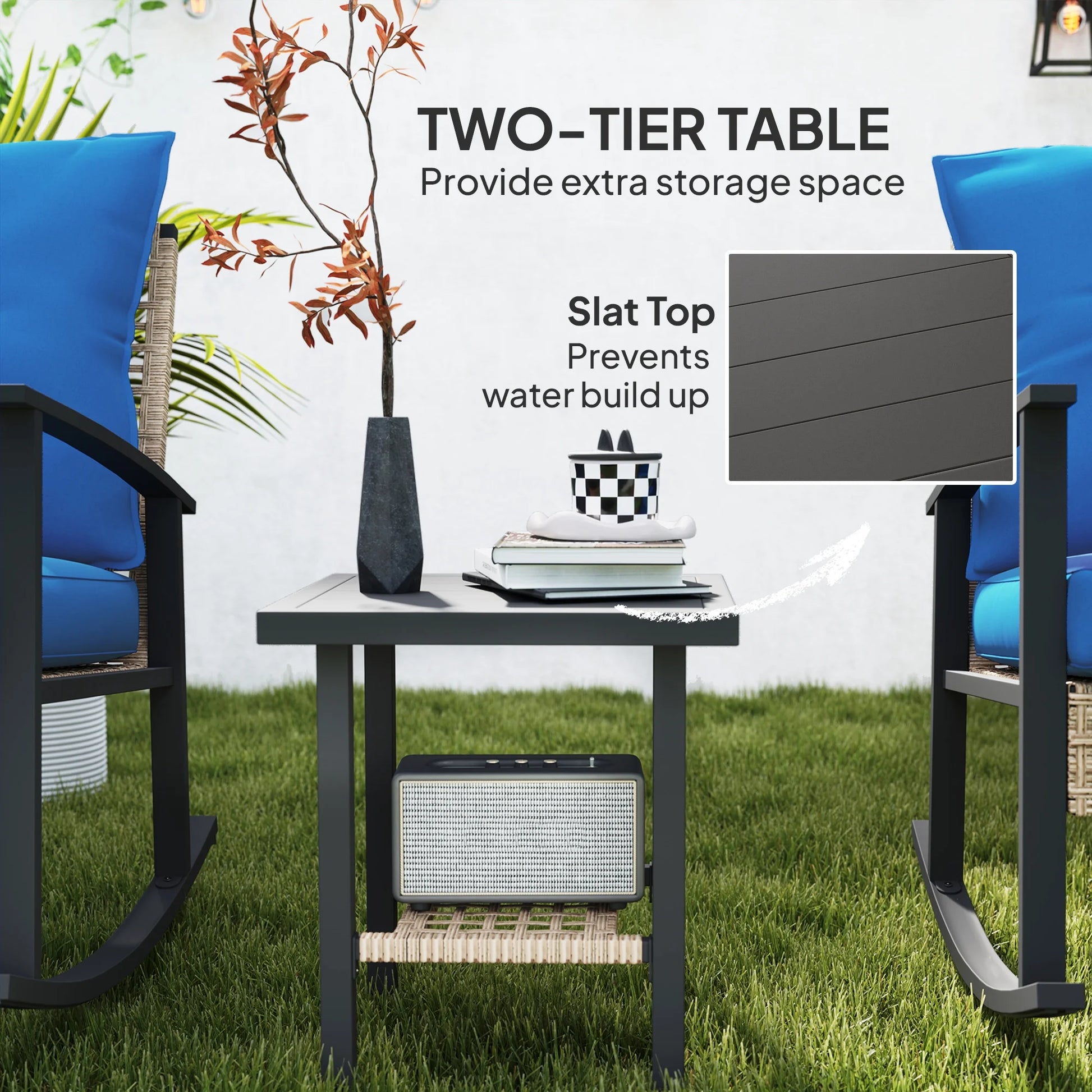 Outsunny 3 Pieces Patio Bistro Set, Wicker Furniture Set with Button Tufted Cushions, Rattan Rocking Chairs and Coffee Table, Dark Blue