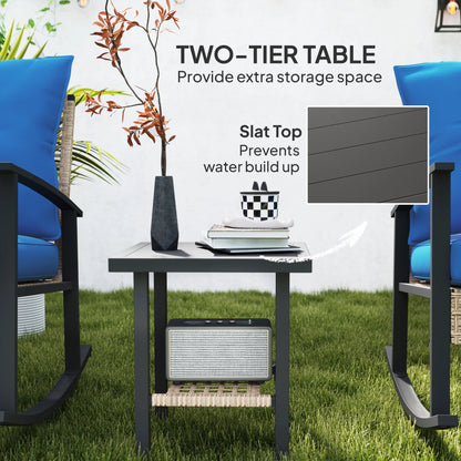 Outsunny 3 Pieces Patio Bistro Set, Wicker Furniture Set with Button Tufted Cushions, Rattan Rocking Chairs and Coffee Table, Dark Blue