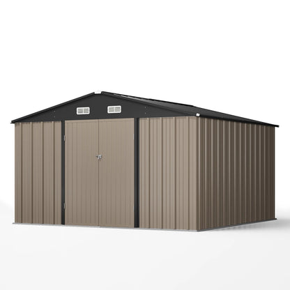 Patiowell 10 x 10 ft Outdoor Storage Metal Shed with Sloping Roof and Double Lockable Door, Brown